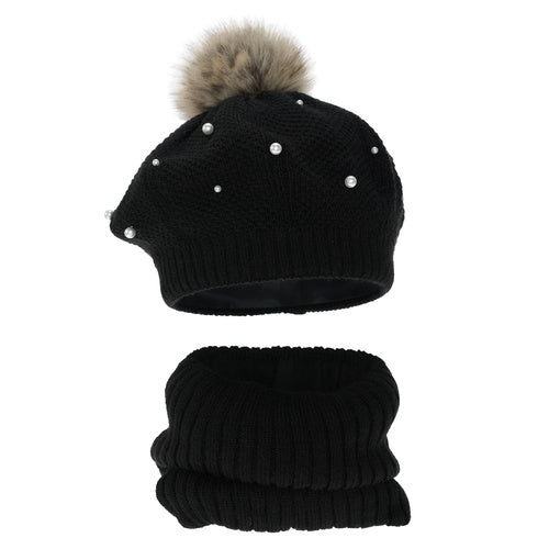 Beret i komin dla dziewczynki, zimowy komplet podszyty polarem, beżowy, z pomponem Jeanette