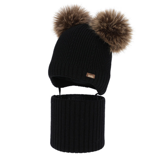 Czapka i komin dla chłopca, zimowy komplet, beżowy, 100% wełniany merino, podszyty polarem wełnianym, Lumio