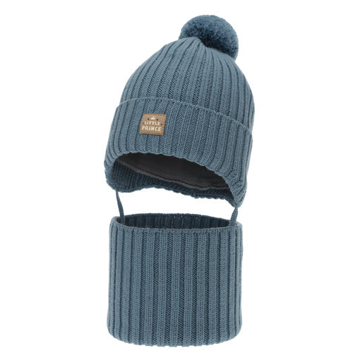 Czapka i komin dla chłopca zimowy komplet, szary, 100% wełniany merino,  podszyty bawełną, wiązany Masil