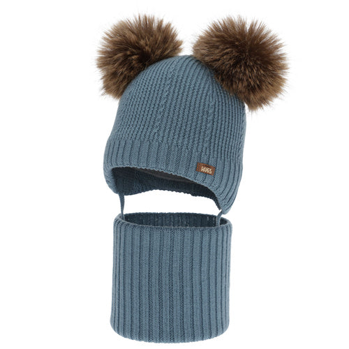 Czapka i komin dla chłopca, zimowy komplet, beżowy, 100% wełniany merino, podszyty polarem wełnianym, Lumio