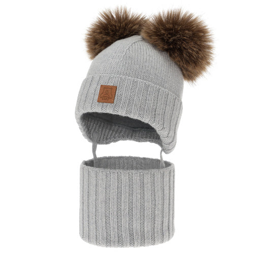Czapka i komin dla chłopca, zimowy komplet, biały, 100% wełniany merino, podszyty polarem wełnianym, Ronik