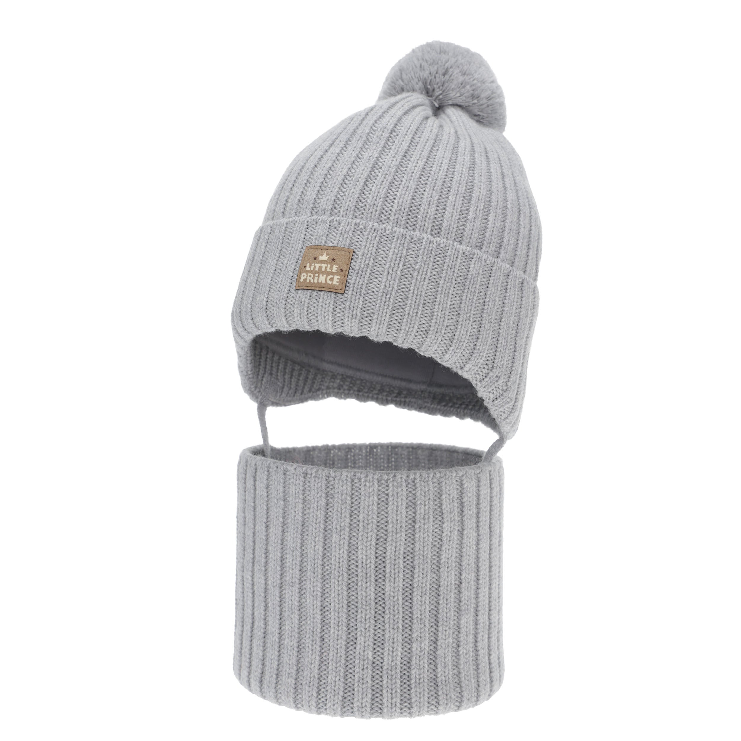 Czapka i komin dla chłopca zimowy komplet, szary, 100% wełniany merino,  podszyty bawełną, wiązany Masil