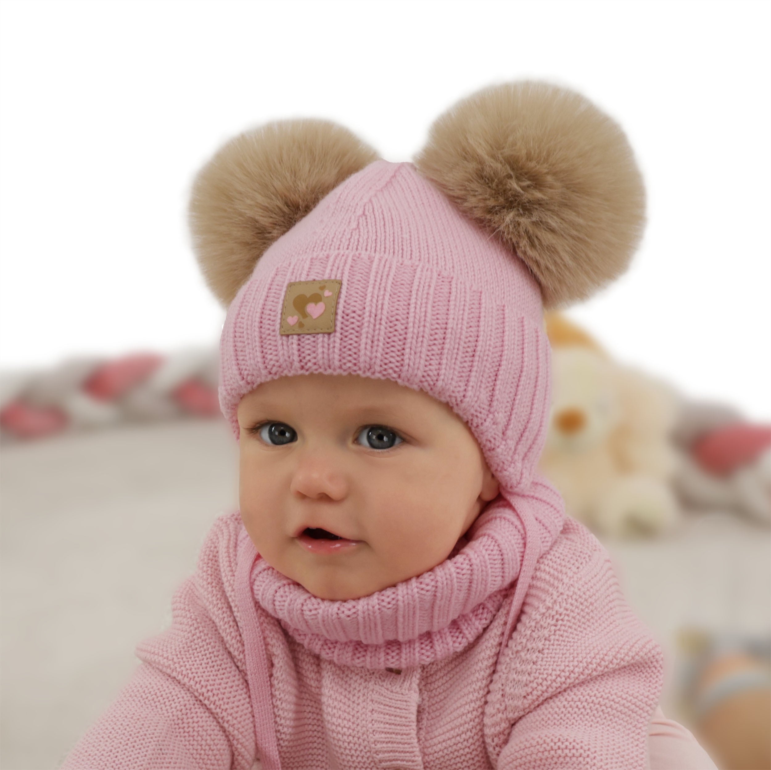 Czapka i komin dla dziewczynki, zimowy komplet, biały, 100% wełniany merino, podszyty polarem wełnianym, Ronia