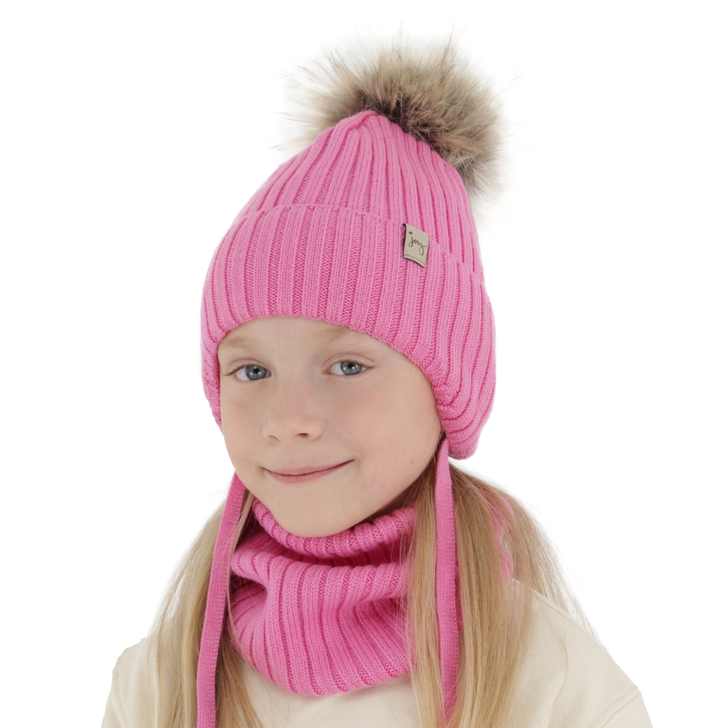 Czapka i komin dla dziewczynki zimowy komplet, różowy, 100% wełniany merino, wiązany Junika
